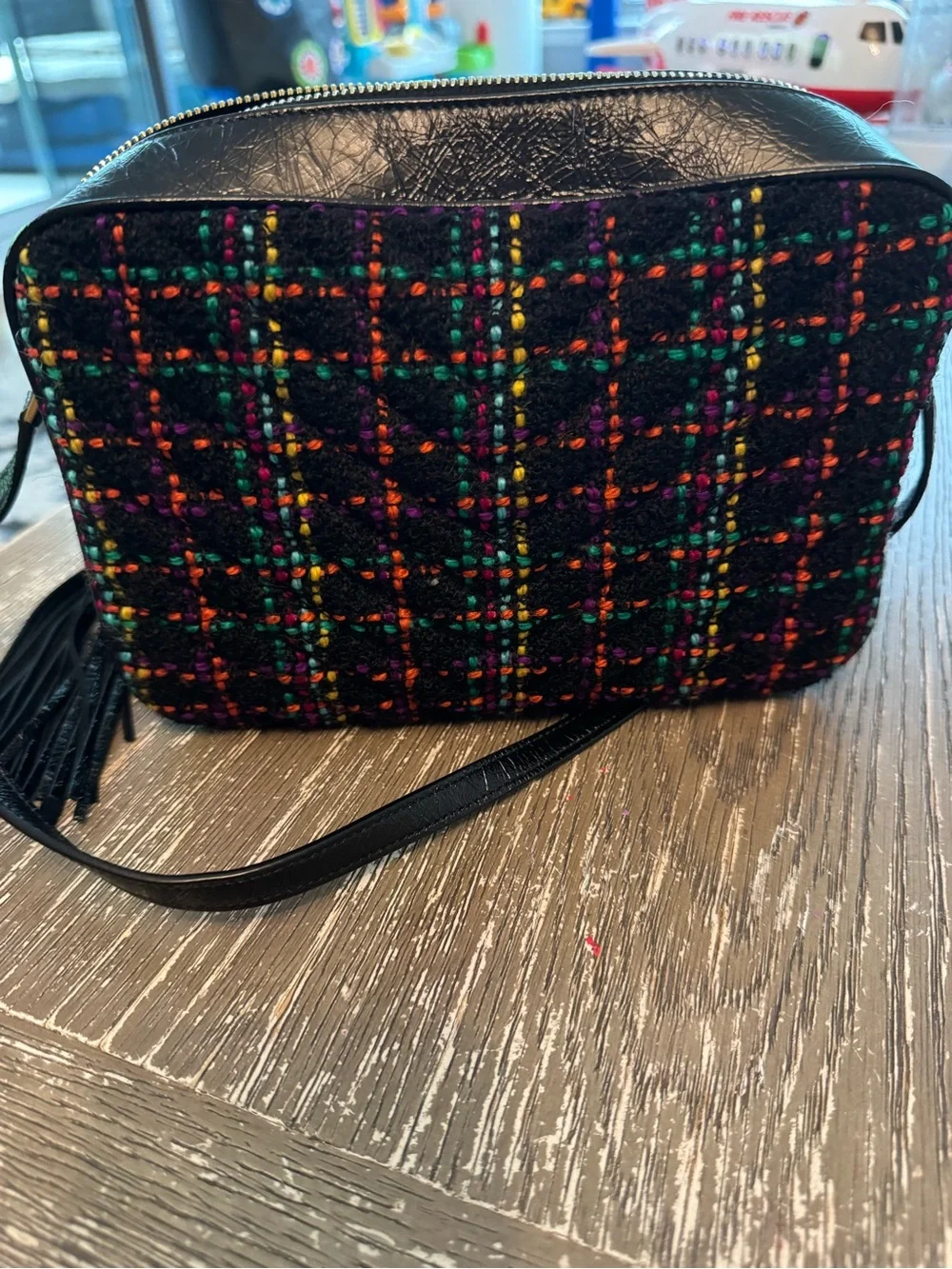 Saint Laurent Black Tweed Crossbody Camera Bag with Multicolor Woven Accents - Picture 2 of 4